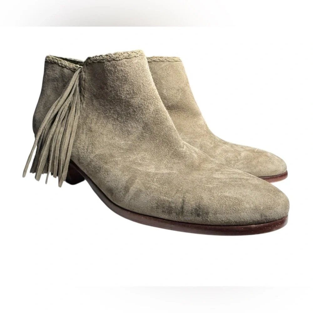 Sam Edelman Paige Fringe Gray Suede Boho Wooden Heel Ankle Booties